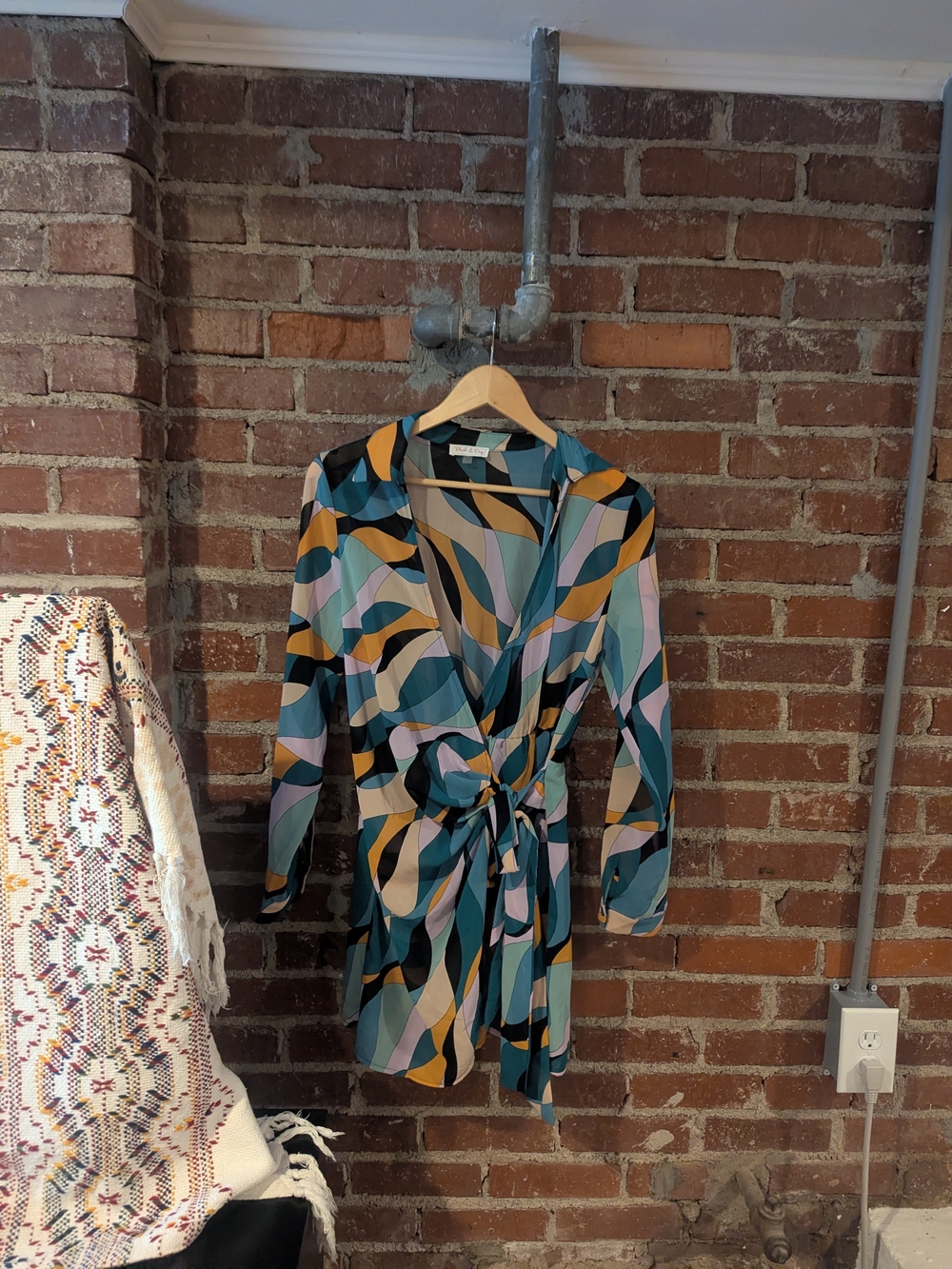 Abstract Wave Tie-Waist Long Sleeve Dress - Teal Multi